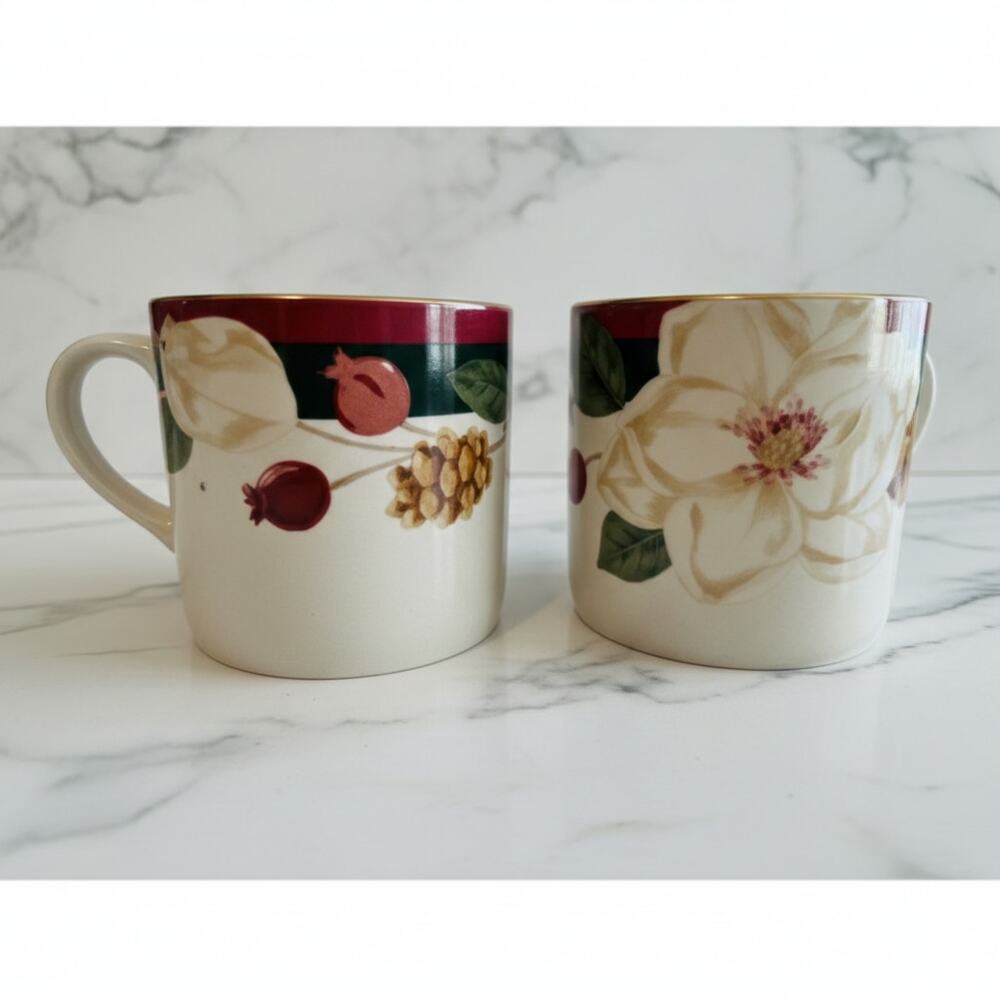 Tienshan Fine China Magnolia Coffee Mugs Set of 4 Floral Cups Gold Trim